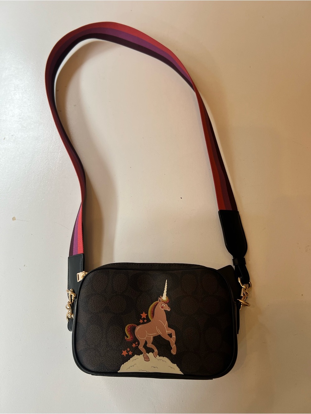 Coach Crossbody Bag with Multicolor Pink Strap and Unicorn Motif- sold out